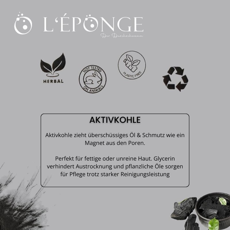 L'ÉPONGE Active Charcoal Shower Sponge, Innovative 4-in-1 Bath Sponge with