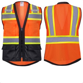 ProtectX 6-Pocket Class 2 High Visibility Safety Vest for Men Women, Reflective Vest with Zipper Front & Mesh Back, Hi Vis Vest for Work & Construction, Lime Orange-Black - Small
