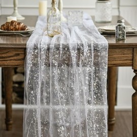 Artoid Mode - Camino de mesa de gasa blanca plateada, 120 pulgadas, 10 pies, lámina metálica transparente con purpurina, para comedor, festividades, boda, aniversario, cumpleaños, decoración de mesa