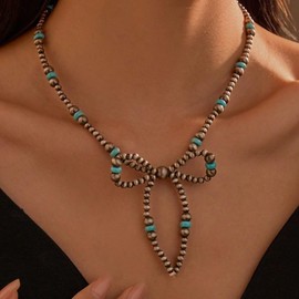 Navaho Pearl Bow Necklaces Western Necklace for Women Pearl Layered Necklaces Cowgirl Turquoise Necklace Western Jewelry for Women (Single layer - turquoise)