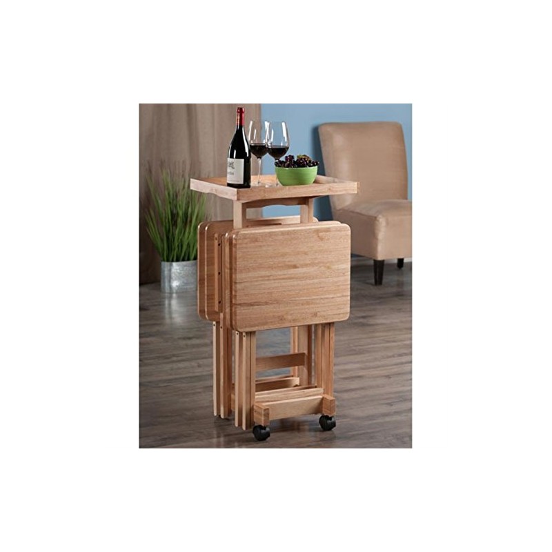Ergode 5-Piece Natural Wood Folding Snack Table Set with Rolling