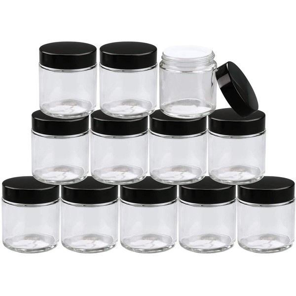 Encheng 12Pack of 4 oz Clear Round Glass Jars, with Inner Liners and black Lids,Empty Cosmetic Containers,Cream jars … …