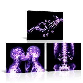 LyerArtork 3 Pieces Purple Skull Wall Art Canvas Prints Gothic X-Ray Human Skull with Butterfly Pictures Abstract Kissing Skeleton Lovers Painting Modern Romantic Bedroom Decor 12"x16"x3
