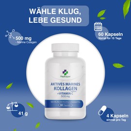Collagen Capsules High Dose - 500 mg Fish Collagen + 20 mg Vitamin C - 60 Capsules - No Additives - Collagen Complex - Laboratory Tested - Made in EU