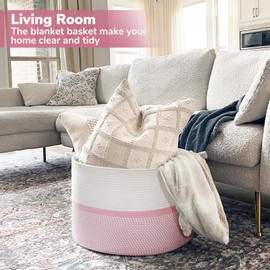 CHICVITA Extra Large Cotton Rope Woven Basket, XXL Throw Blanket Storage Basket with Handles, Pink Decorative Clothes Hamper - 22" x 22" x 14"