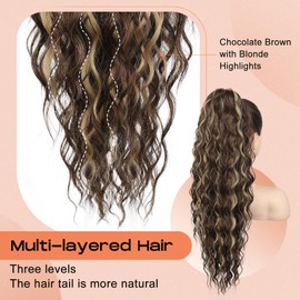 SEIKEA 24" Highlight Ponytail Extension Claw, PT002 Tia Long Multi Layered Fluffy Thick Wavy Jaw Clip in Fake Pony Tails Fake Hair Soft Natural Synthetic Hairpiece Chocolate Brown/Blonde Highlights