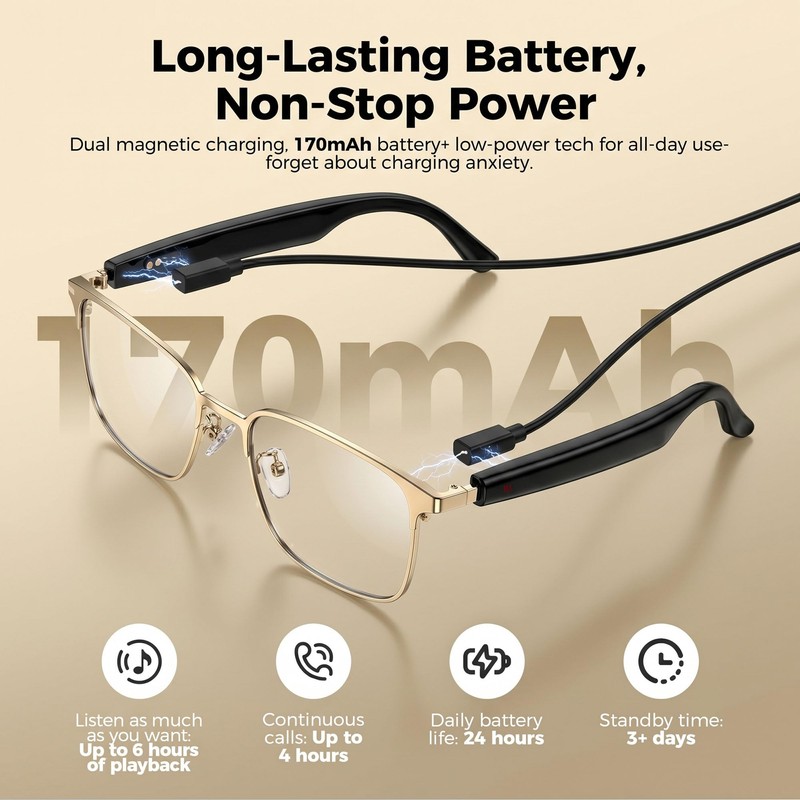 Fecoul Smart AI Glasses with 164 Languages Translator, Photochromic, Gold