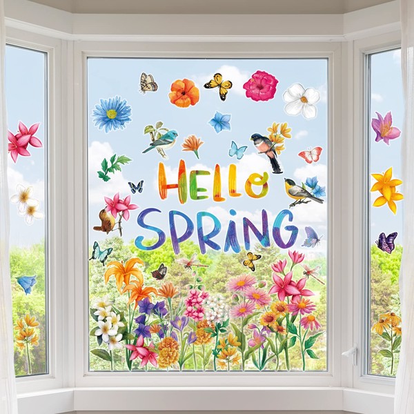 ZOIIWA 9 Sheet Hello Spring Window Stickers Decorations Spring Window