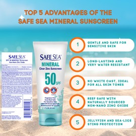 Safe Sea Zinc Oxide Sunscreen SPF50 | Clear Mineral Face Sunscreen | Anti-Jellyfish Sting Protective Lotion | Coral Reef Safe | Travel Size - 2Oz (60ml), Pack of 1