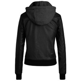 wantdo Women's Faux Leather Motorcycle Jacket with Hoodie Windbreaker Pure Black XL