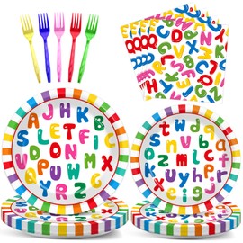 OBUSATT 96 Pcs Educational Paper Plates Alphabet Birthday Paper Plates Learning ABC Tablewear Early Learning Plates and Napkins Forks for Serves 24
