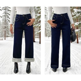 heipeiwa Women's Fleece Lined Jeans Wide Leg Baggy Winter Jeans Thermal Flannel Lined Jean Denim Pants Navy