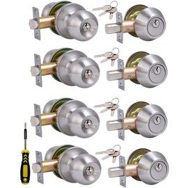 (4 Sets) All Keyed Same Entry Door Knob and Single Cylinder Deadbolt Combo Set, Satin Nickel Exterior Door Knobs with Lock and Keys for Entrance and Front Door