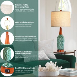 Vintage Table Lamps for Living Room Set of 2, Retro Bedside Lamp for Bedroom with USB Port, MCM Teal Ceramic 3-Way Dimmable Nightstand Lamp with Oatmeal Linen Shade (Bulb Included)