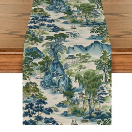 Artoid Mode Chinoiserie Vintage Style Mountain Fall Table Runner, Seasonal House Trees Kitchen Dining Table Decoration for Home Party Decor 13x108 Inch