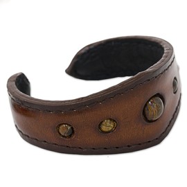 NOVICA Artisan Handmade Tigers Eye Cuff Bracelet in Leather Thailand Brown [7 in L (end to End) x 1.2 in W] ' The Power'