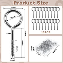 YIWONFU Pack of 18 Eye Bolts Stainless Steel 65 mm, Heavy Duty Screw Eyelets (Load Capacity 2000N), Rustproof 304 Stainless Steel Eye Screw Hooks for Wood, Hanging Basket, Potted Plant, Pendant Lamp