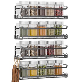 LUCYCAZ 4 Pack Wall Mounted Spice Rack with 16 Hooks, Spice Rack Organizer for Cabinet Pantry Door,Screw or Adhesive Spice Shelf Hanging Wall Spice Rack for Spice Jars and Seasonings (Black)