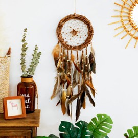 Dream Catcher Native American Boho Dreamcatcher Rattan Wall Decor, Handmade Natural Goose Feathers Brown Golden Beaded Hanging Ornament Indian Decor for Bedroom Living Room (Dark Brown)