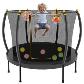 Kiivakii 60" Indoor Trampoline for Kids, Kids Mini Trampoline with Safety Enclosure Net, Basketball, Basketball Hoop, Dartboard, Ocean Balls, Small Recreational Pumpkin Trampoline for Girls & Boys
