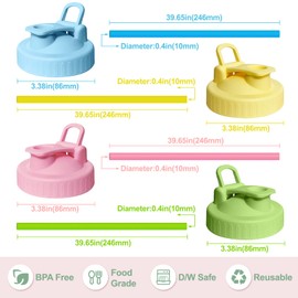 4 Pack Wide Mouth Mason Jar Lids with 4 Silicon Straws, Pour Spout Flip-top Replacements Drinking Lids Fits for Wide Mouth Mason Ball Jar