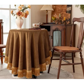 F-CHU Camel 60 Inch RoundTablecloth Thickset Velvet Tablecloth with Beautiful Gold Tassels Vintage Table Cloth for Home Decor Wedding, Party, Banquet and Events 60" Round