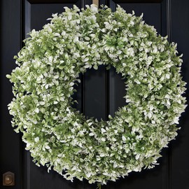 26" Large Artificial Boxwood Wreath for Front Door(White-Green)