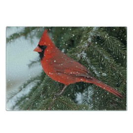 Lunarable Cardinal Cutting Board, Northern Cardinal Bird Standing on a Pine Tree Branch in Winter Season, Decorative Tempered Glass Cutting and Serving Board, Small Size, Fern Green Ruby White