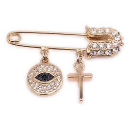 LESLIE BOULES Gold Plated Evil Eye & Cross Brooch Jeweled Safety Pin Jewelry
