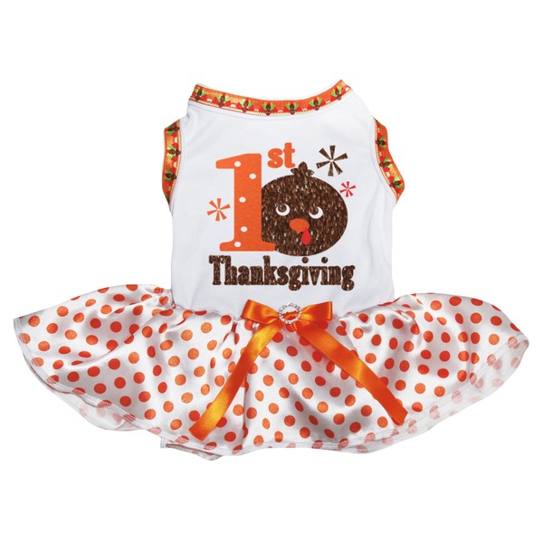Petitebelle 1st Turkey Thanksgiving Puppy Dog Dress (Weiß/Punkte, Größe S)