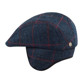 Sterkowski Norte Flat Cap Harris Tweed Peaked Cap for Men and Women Warm Hand Stitched Racket Hat with Ear Flaps, Blue/Red Check Pattern