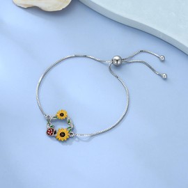 LWQQWL Sunflower Bracelet for Women 925 Sterling Silver Sunflower Ladybug Bracelet Cute Animal Flower Jewelry Gifts for Girls Women Girlfriend Christmas Birthday, Medium, Stone, crystal