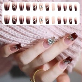 DELUXEFOX Nail Tips, Red, Set of 24, Nail Tips, Long, False Nails, Autumn, Winter, Popular, Japanese Style, Cute, Simple, Stylish, Coming-of-Age Ceremonies, School Entrance Ceremonies, Wedding, Party