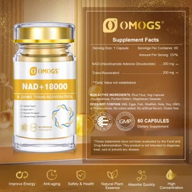 OMOGS NAD+ 300 mg + Trans-Resveratrol 200 mg, Pure NAD Supplement, Max Absorption, Boosting Supplement for DNA Repair, Healthy Aging, Cellular Energy & Longevity, 60 Capsules