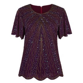 Vijiv Women's 1920s Vintage Beaded Tops Art Deco Scalloped Hem Embellished Sparkly Dressy Sequins Shirt Blouse Tunic Party Purple