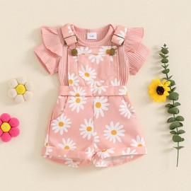 Rtnnsbbfcm Newborn Baby Girl Clothes Summer Outfit Short Sleeve Ribbed Romper Floral Suspender Overalls Shorts Set (Pink, 0-3 Months)