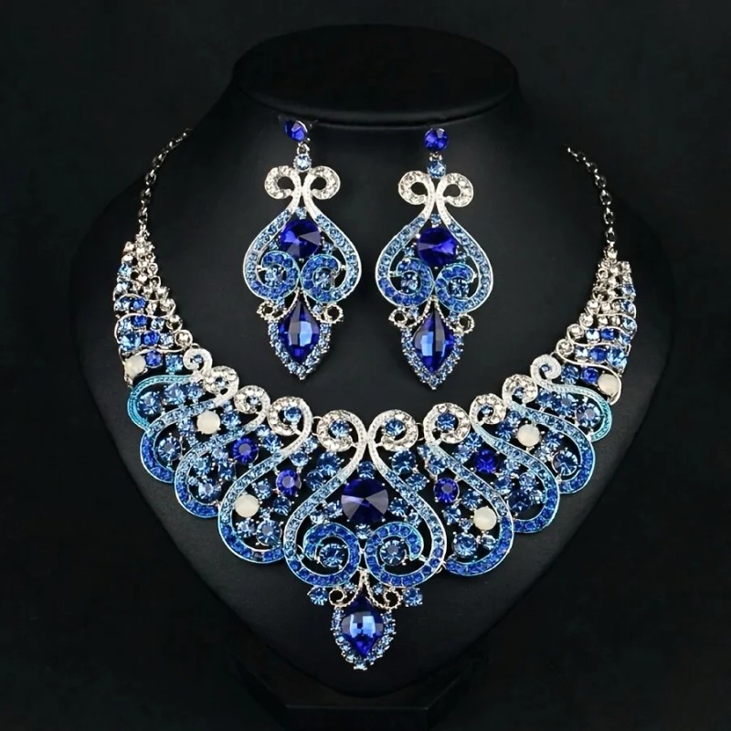 2pcs Luxurious Retro Style Blue Crystal Flower Necklace and Earrings