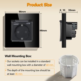 BSEED Schuko Socket with USB and Type C Port with Waterproof Cover, Flush-Mounted Socket with USB C, Socket Cover 16 Amp, Ideal for Wet Rooms, Outdoor and Indoor Use, 1 Compartment, Black