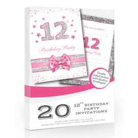 Olivia Samuel 20 x 12th Birthday Party Invitations from Pink Sparkly Design and Photo Effect Silver Glitter - A6 Postcard Size with envelopes