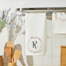 Ouksma 3 Pcs Monogrammed Kitchen Towels Initial Hand Towels Lavender Bouquet Tea Towels Farmhouse Floral Dish Towels Kitchen Decorations (Lavender Floral, R)