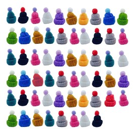 ONEBO 58 Pcs Mini Knitting Hats,Wooden Peg Dolls Hats with Pom Pom Balls,Christmas Mini Knitting Hats,Wool Yarn Hair Accessories,Cute Doll Hat,for Craft Art Projects and Decoration(Random colour)