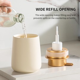 Enra Foaming Soap Dispenser,12 oz Beige Ceramic Soap Dispenser with Glod Pump, Hand Dish Soap Dispenser,Modern Poam Soap Dispenser for Bathroom,Kitchen with Easy-to-Press Pump (Beige Poam Glod Pump)