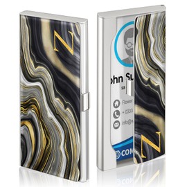Swooflia Business Card Holder Case Wallet for Men Women Metal Black Gold Liquid Agate Marble Letter Z Slim Pocket Purse Square Card Cases Cute