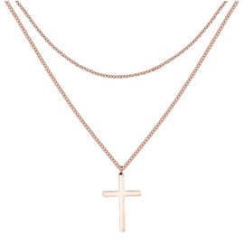 Happiness Boutique Women's Cross Necklace in Rose Gold, Delicate Multi-Row Chain with Cross Pendant, Stainless Steel Jewellery, Stainless Steel Rose gold plated Stainless steel