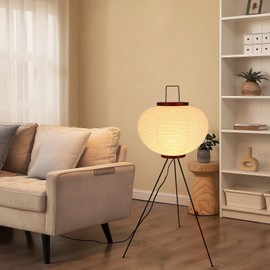 Fivemengo Japanese Rice Paper Floor Lamp, Cozy Paper Lamp Japandi Lantern Lights Wabi Sabi Style for Living Room Bedroom Office, 43 Inch Tripod Stand, White Lantern with E26 LED Bulb, 3000K/5000K
