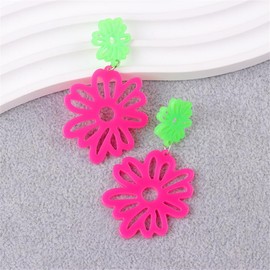 Neon 60s 70s Hollow Daisy Flower Dangle Earrings for Women Retro Acrylic Double Sunflower Layered Drop Earrings Jewelry Gift-Hot Pink
