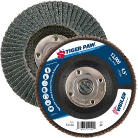 Weiler 51124 4-1/2" Tiger Paw Abrasive Flap Disc, Conical (Ty29), Phenolic Backing, 40Z, 5/8"-11 Unc Nut (Pack of 10)