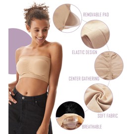 PUREMSX Women's Lightweight Summer Bandeau, Push Up Beach Removable Padding Tank Tube Wireless Nursing Bras,XX-Large,3 Pack,Black,Beige,White