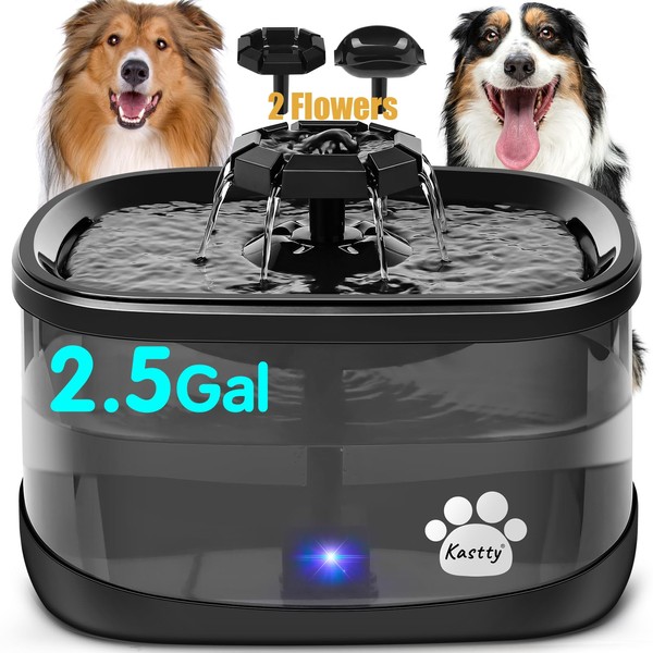 Kastty 2.5Gal/9.5L Dog Water Fountain 3 Flow Modes Cat Fountain with 2 Flower Spouts& 7" Larger Filter Super Filtration& Smart 3 in 1 LED Safe Pump, BPA-Free, Quiet, Ideal for Large Dogs& Multi Pets