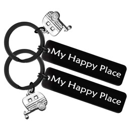 Xiahuyu Camper Keychain Gifts Happy Camper RV Keychain My Happy Place Camping Keychain Set for Women Men Friends Family Camper Lover Trailer Outdoors Mountains Vacation Jewelry